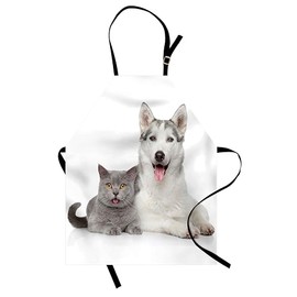 Ambesonne Cat Apron, Animal Theme a Dog and a Cat Lying Together on The White Background Digital Image, Small Apron Bib with Adjustable Ties for Baking Painting, Small Size, White and Grey