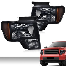 PIT66 Headlights Headlamp Assembly Compatible with Ford F150 2009-2014 Halogen Headlamp Smoky Lens Black Housing Amber Reflector DL3Z13008A, DL3Z13008B, DL3Z13008EB