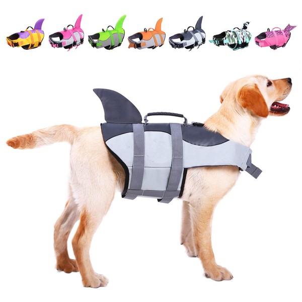 ASENKU Dog Life Jacket Pet Life Safety Vest for Swimming Boating, Dog Shark Life Jackets Dog Lifesavers Swimsuits for Pool, Dog Water Floatation Vest for Small Medium Large Dogs, Grey, XX-Large