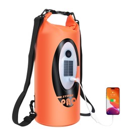 FELICON Solar Powered Multi-Functional Waterproof Backpack, BT Speaker, IP66 Waterproof Dry Bag, Heavy Duty Roll Top Closure, Large Capacity Bag for Camping, Hiking, Traveling (Orange 20L)