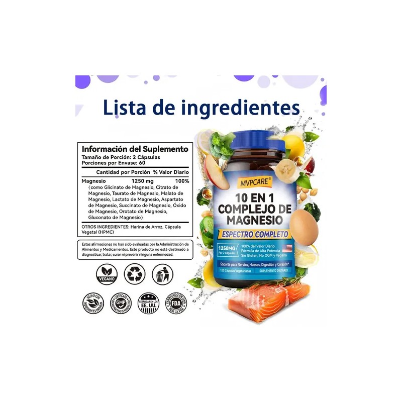 Mvpcare Suplemento Complejo De Magnesio 10 Elemental 1250mg 120 Cápsulas