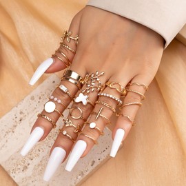 44pcs Chic Gold Knuckle Rings Set For Women,Vintage Stackable Dainty Simple Adjustable Silver Rings,Chunky Signet Cute Ring Pack Jewelry Gift (24pcs(Gold）)