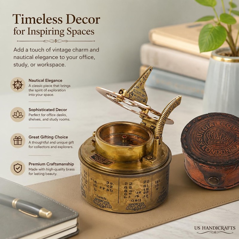 US HANDICRAFTS Vintage Compass Navigational Instrument - Marine Sundial Compass