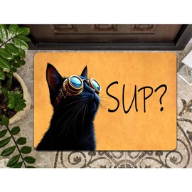 Welcome Mat with Rubber Back 18"(W) x 30"(L)Steampunk Cat SUP Black Cat Quirky Funny Dogs Theme Doormat for Entrance Way Decorative Mats for Front Porch Entry Door Mat No Slip Kitchen Rugs and Mats