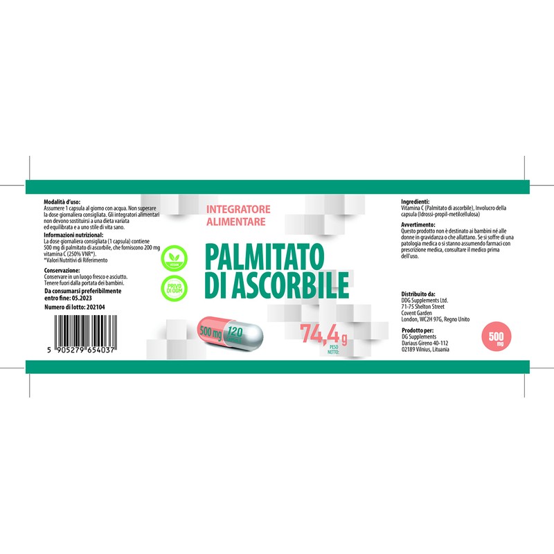 Ascorbyl Palmitate 500mg 120 Vegan Capsules, 3rd Party Lab Tested,