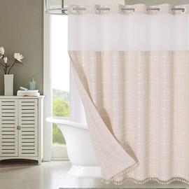 Muuyi Fabric Shower Curtains with Snap in Liner,No Hooks Needed,Tassels Shower Stalls Curtain with Window for Bathroom Decor,Waterproof & Washable,Beige,72Wx86H
