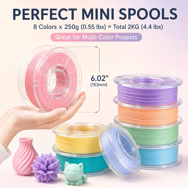 8 Pastel PLA Filament Bundle, 2KG 3D Printer Filament 1.75mm