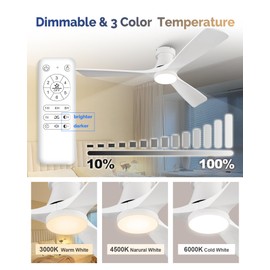 FUJIBONNY 52-Inch White Ceiling Fan with Lights, Remote Control, Flush Mount, Dimmable, Reversible, Wood Blades, Power-Off Memory, Quiet DC Motor – Modern Hugger Ceiling Fan for Indoor Outdoor