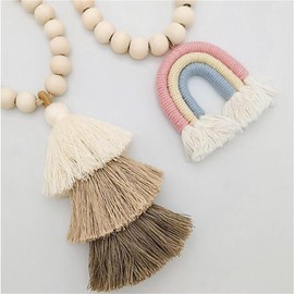 Herfair Vorhang Raffhalter Magnetische, 2 Stück Regenbogen Quasten Gardinenhalter mit Holzperle, Boho Gardinenclips Vorhangschnalle für Kinderzimmer Deko (Regenbogen-A)