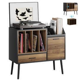 Semiocthome Record Player Stand with Nesting Vinyl Storage Crate, Record Player Table with a Drawer, a Cabinet, CDs Storage Area, Side End Table with Solid Wood Legs for Turntables for Living Room