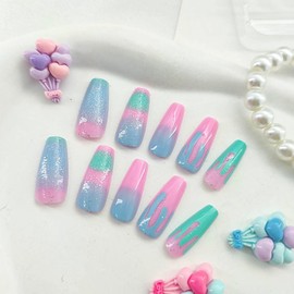 Coffin Press on Nails Medium Fake Nails with Silver Glitter Gradient Designs Pink Nails Press ons Glossy Glue on Nails Summer False Nails Blue Acrylic Nails Green Stick on Nails for Women24Pcs