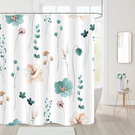 Gibelle Watercolor Floral Shower Curtain, Teal Beige Flower Shower Curtain for Bathroom, Modern Minimalist White Waterproof Fabric Shower Curtain Set with Hooks 72x72 Inch