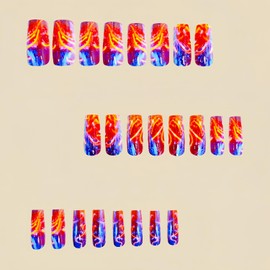 Press On Aurora Flame Stripe Red Blue Lightning Design Square False Nails - Artificial Full Cover Acrylic Coffin Reusable Glue on DIY Stick on Nails for Women - 24Pcs