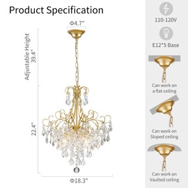 WUZUPS Crystal Chandelier 5-Light Pendant Ceiling Light Modern Lighting Fixture for Dining Room Hallway Bedroom Kitchen Bathroom, H 22.4" x W 18.3", E12 Base, Gold