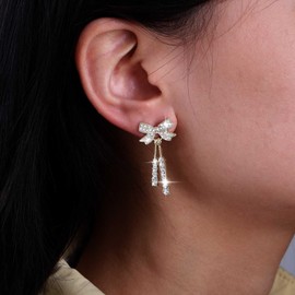 Cybche Boho Rhinestone Earrings Gold Crystal Bow Earrings CZ Bow Knot Earrings Crystal Bow Tie Earrings Sparkling Crystal Bar Earrings Jewellery for Women, Zinc, No Gemstone