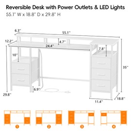 Korfile White Computer Desk with Power Outlets & LED Lights, Reversible Gaming Desk with 5 Fabric Storage Drawers for Working, 55" Home Office Desk with Monitor Stand Shelves, Vanity Table for Bedroom