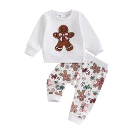 Loalirando Toddler Baby Boys Girls Christmas Outfit Embroidery Long Sleeve Sweatshirt with Gingerbread Man Print Sweatpants Set Fall Winter Xmas Clothes (White, 6-12 Months)