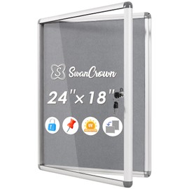 S SWANCROWN Enclosed Bulletin Board 24x18 in, Lockable Grey Felt Board Wall Display Case for Office School Home