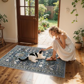 Washable 3x5 Entryway Area Rugs: Ultra Soft Low Pile Carpet for Kitchen Nursery Indoor Light-Weight Doormat Anti-Slip Thin Entry Rug for Living Room Bedroom Small Vintage Floor Mat(3x5,Floral/Blue)