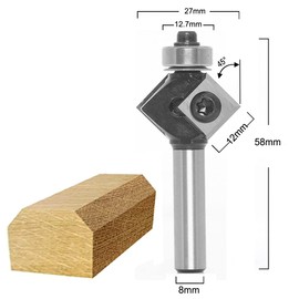 Sinoprotools Reversible Plate Chamfer Milling Cutter with 4-Sided Interchangeable Carbide (HW), Shaft 8 mm, Diameter 27 mm, Usable Length 12 mm, Angle 45°, with Ball Bearing.