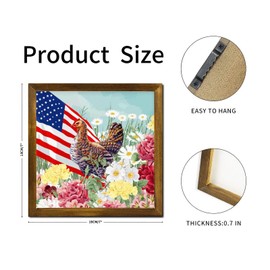 SILYHEART Farm Rooster Daisy Flower Wood Framed Signs American Flag Spring Wood Wall Art Retro Farm Life Woodshop Garage Wall Decorative for Home Front Door Porch Garden Yard 7x7 Inch