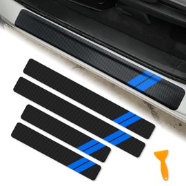 REMOCH Door Sill Protector for Dodge Charger Challenger Durango Accessories Car Door Entry Guard Sill Protector with Plastic Scraper Carbon Fiber Leather Threshold Stickers（Blue, 4PCS）