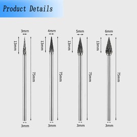 Luo ke 75mm Extra Long Carbide Burr Sets, 1/8 Inch Shank Rotary Tungsten Carbide Bits (M Type Cone Shape)