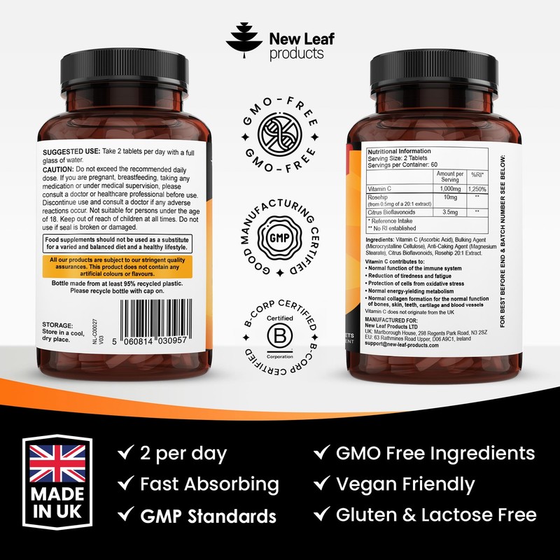 Vitamin C Tablets 1000mg - Enriched with Bioflavonoids & Rosehip