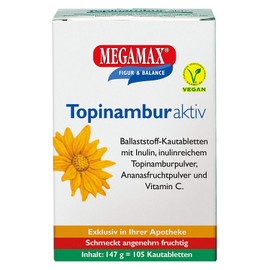 Megamax Jerusalem artichoke with fibre inulin, fruity fibre chewing tablets with inulin, inulin-rich Jerusalem artichoke powder, pineapple fruit powder and vitamin C, vegan pure vegetable fibre