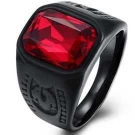 Black Stainless Steel Red Crystal Signet Biker Ring (Z+1)