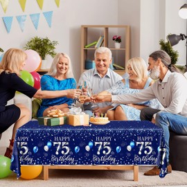 GREHUMOR 3Pcs 75th Birthday Tablecloth Decorations Sliver and Blue Table Cover Plastic 75th Happy Birthday Party Supplies for Men Women Disposable Waterproof Birthday Table Decorations