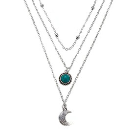 Prosy Layered Boho Turquoise Pendant Necklaces Silver Moon Choker Necklace Chain Adjustable Jewelry for Women and Girls