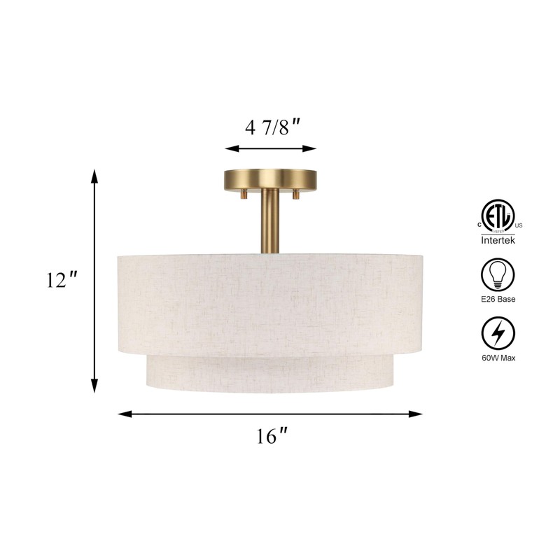 XiNBEi Lighting 16inch Semi Flush Mount Ceiling Light, 3-Light Brass