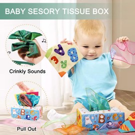 UNITSLYZ Baby Toys - Tissue Box Toy Montessori for Babies 0-12-18 Months, Sensory Baby Tissue Box Toys with Soft Crinkle Papers and Silk Scarves, Toddler Early Learning Toys Chrismas Birthday Gifts