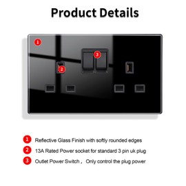 JIMEIDA 2 Pack Black Double Switched Power Socket 13 Amp Crystal Glass Panel Wall Outlet Electric Socket