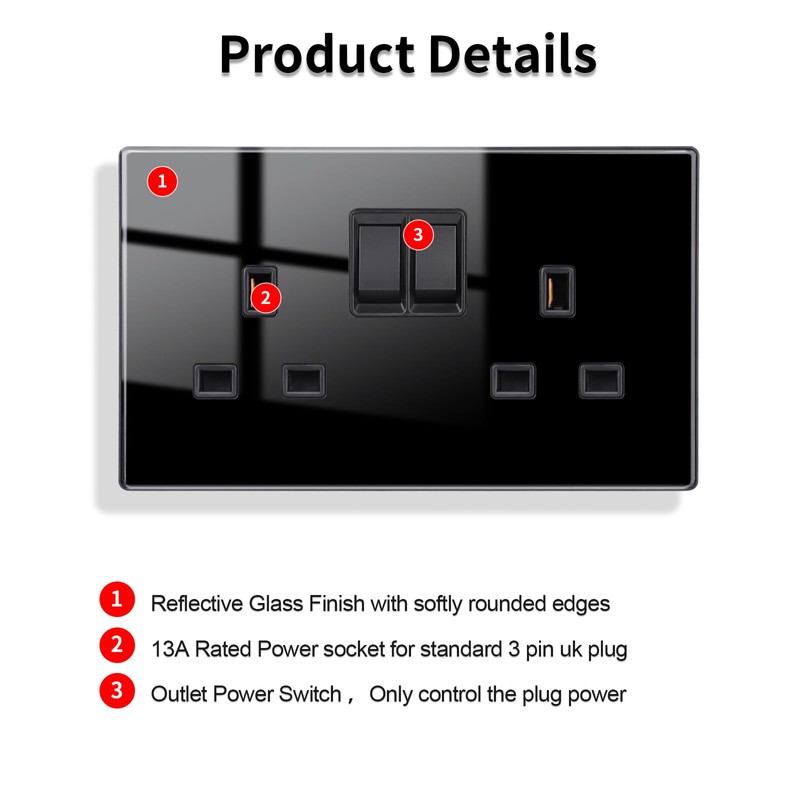 JIMEIDA 2 Pack Black Double Switched Power Socket 13 Amp