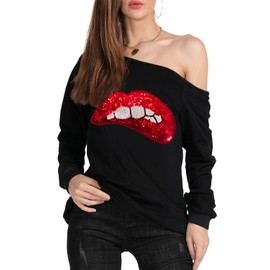 MAGICMK Woman’s Sweatershirt Lips Print Causal Blouse Off The Shoulder Long Sleeve Loose Slouchy Pullover Plus Size Tops…(S)
