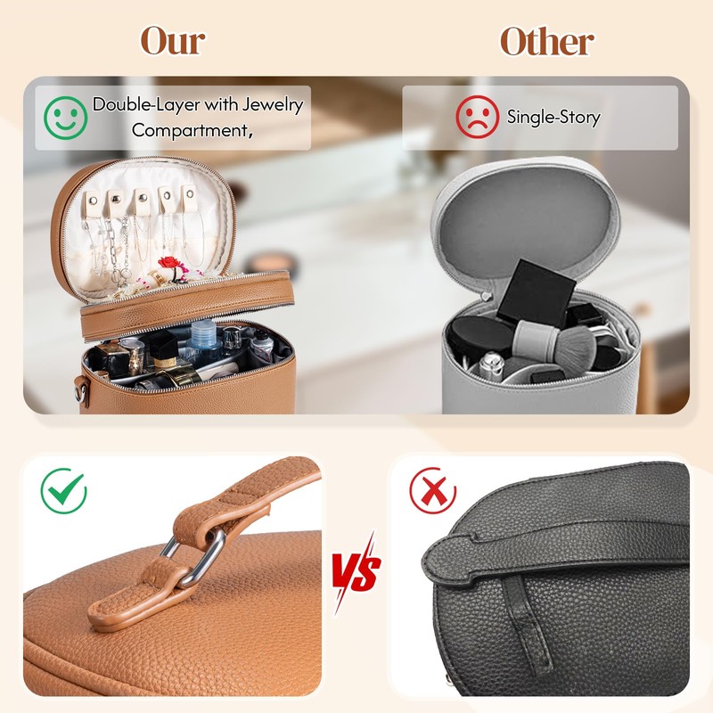 cysiyu Leather Makeup Bag Organizer Double Layer Vanity Bag Large