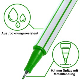 10 x Fineliner Green - Fine 0.4 mm Tip - Metal-Clad Fibre Tip - Felt Pens for Precise Writing, Drawing and Painting - for Office, School, University and Home