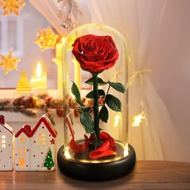 Beauty and The Beast Roses,Brightly Coloured Real Eternal Rose Flowers are Placed Inside a Glass Dome and a Base That Glows at The Bottom，The Best Gift for Your Mum, Wife and Girlfriend on Festivals