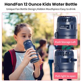 HandFan Bottle with Fan Sport Insulated Kids Water Bottle with Straw&Handle Leak Proof Vacuum Stainless Steel Water Jug - 12oz（Blue）