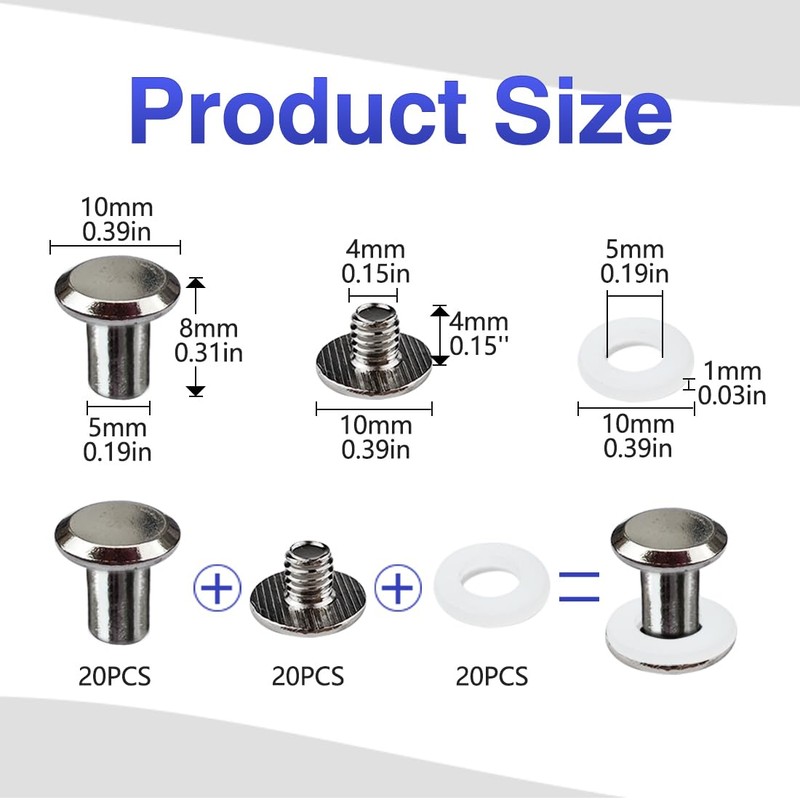 SHSMPXOY 20 Set Chicago Screws Posts for Leather Rivets M5*8mm
