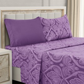LDC Paisley Twin Sheet Set, 4 PC Soft Microfiber Wrinkle Free Sheets - Luxurious Printed Bed Sheets Includes Flat Sheet, Fitted Sheet with Deep Pockets, & 2 Pillowcases - Purple
