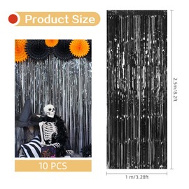 10 Pack Black Foil Fringe Curtain Backdrop, 3.2ft x 8.2ft Metallic Tinsel Foil Fringe Curtains, Tinsel Backdrop Streamers for Birthday Curtain Party Decoration Wedding Christmas Decoration (Black)
