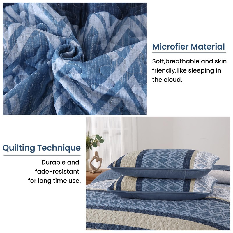 Dinjoy King Size Quilt Set Boho, Soft Striped Bedspreads Blue