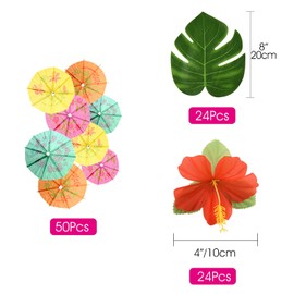 KUUQA 99 Pcs Hawaiian Tropical Party Decoration Set with 9ft Hawaiian Grass Table Skirt, Tropical Leaves, Hawaiian Flowers, Umbrella Picks for Jungle Beach Aloha Theme Luau Party Decorations