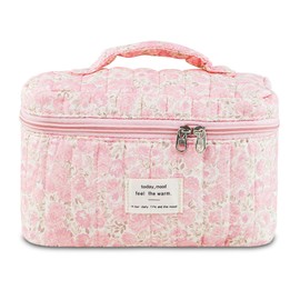 GISMTR Makeup Bag, Floral Quilted Cosmetic Bag, Large Travel Aesthetic Make up Bag, Cute Coquette Toiletry Bag for Women Girls, Flower F