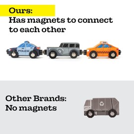 9 Piece Wooden Cars with Magnets - City Vehicles, Emergency Trucks, School Bus, Police, Fire, Ambulance, Taco Truck Toy - Community Helpers Play Set - Zany Trains