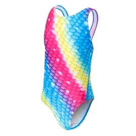 J.E Sterguard Girls' One Piece Swimsuit Have Lining and Removable Bra Padded Girls Bathing Suits, Fit Swimming Team Practice and Competition Rainbow Mermaid Colored Girls Swimsuits Size 10-12 1286-10