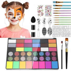Kit de Pintura Facial y Pintura Corporal de 42 Colores, Set Profesional de Pintura Facial y Corporal, con Paleta de Maquillaje, Pincel y Gemas, Pintacaritas para Niños, Adecuado para Halloween, Espectáculos, Fiestas